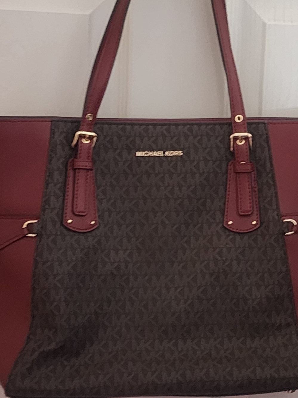 Michael Kors Burgundy and Brown Monogram Tote with Gold Hardware